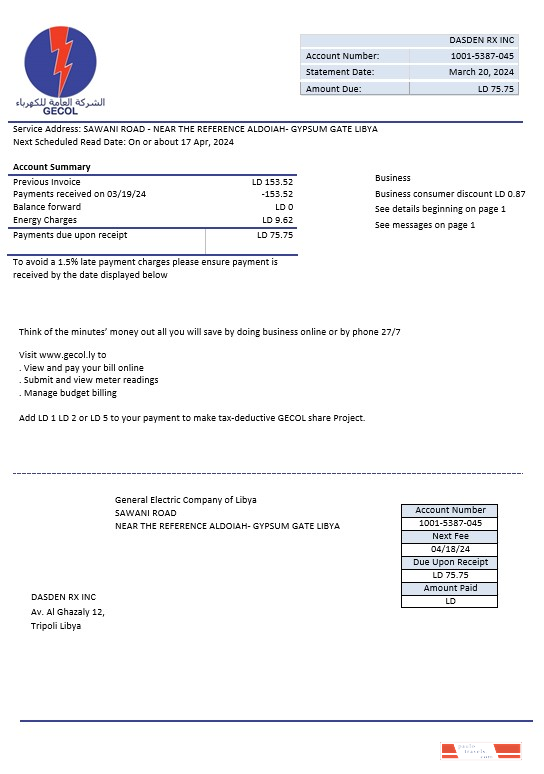 Libya General Electric Company electricity business utility bill template in Word and PDF formats